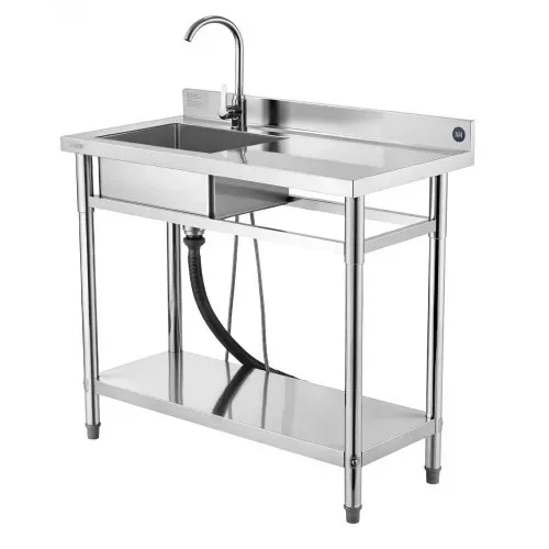 VEVOR Spültisch Spülbecken Edelstahl (100 x 50 x 94 cm), Einzelbecken mit Wasserhahn & Ablage, Küchenspüle für Garage Restaurant Wäscherei, Waschtisch Außenspüle mit Arbeitsplatte (recht) – Bild 9