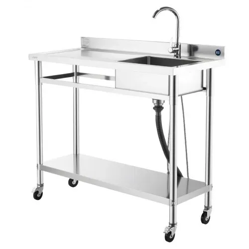 VEVOR Spültisch Spülbecken Edelstahl (1200 x 500 x 1055 mm), Einzelbecken mit Wasserhahn & Rädern, Küchenspüle für Garage Restaurant Wäscherei, Waschtisch Außenspüle mit Arbeitsplatte (links) – Bild 8