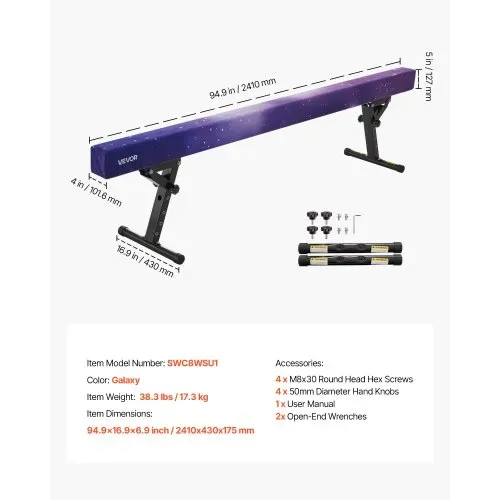 VEVOR Schwebebalken Gymnastik Kinder 241 cm Höhenverstellbar (5-stufig), 158,7 kg belastbarer Gymnastikbalken Turnbalken, Balance Balken Balancierbalken für Fitnessstudio, Galaxy – Bild 6