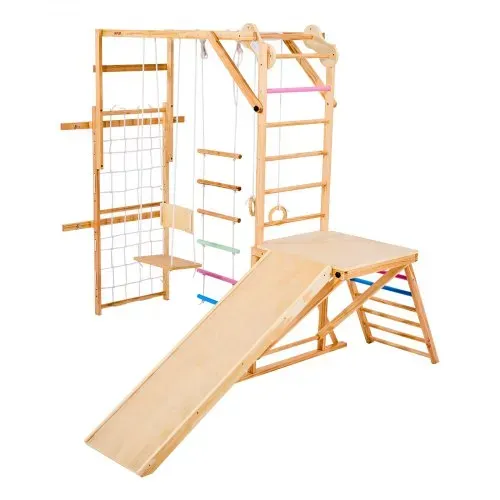 VEVOR Indoor Spielplatz Klettergerüst (8 in 1) aus Holz, 100 kg belastbares Montessori-Kletterspielzeug-Set mit Schaukeln/Klettergerüst/Rutschen/Holzleiter/Strickleiter/Kletternetz/Stange – Bild 8