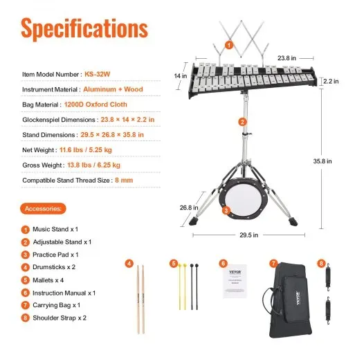 VEVOR Glockenspiel-Xylophon-Set mit 32 Noten, professionelles Schlaginstrumenten-Set mit Schlägeln, Trommelstöcken, Notenständer, 20,3 cm Übungspad, verstellbarem Ständer und Tragetasche – Bild 6