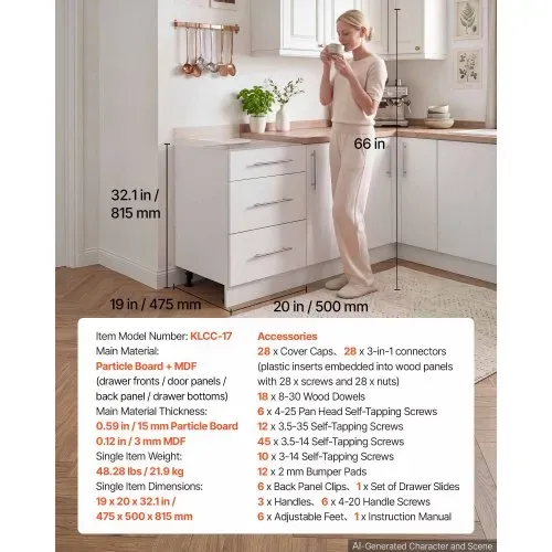 VEVOR Unterschrank 500x475x815 mm BxTxH Spanplatte Küchenunterschrank Weiß, für Waschküche und Bad, ohne Arbeitsplatte, im Shaker-Stil, mit 3 Schubladen, Soft-Close-Mechanismus und 3M-Laminierung – Bild 6