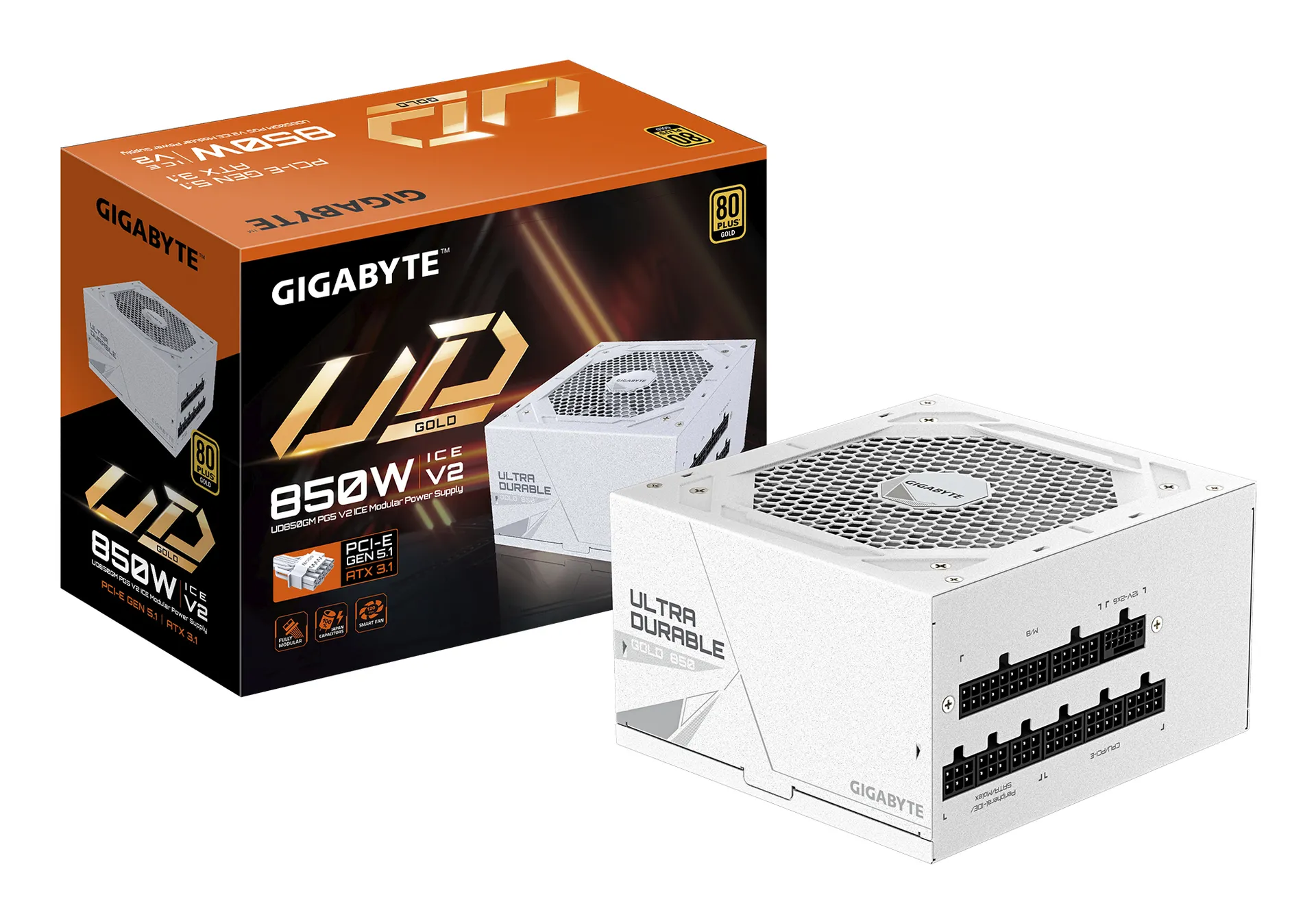 GIGABYTE UD850GM PG5 V2 ICE Netzteil – PCIe Gen 5.1, 80 PLUS Gold, Vollmodulares Design, 120-mm-Lüfter, ATX 3.1-kompatibel, EU-Stecker GIGABYTE UD850GM PG5 V2 ICE Netzteil – PCIe Gen 5.1, 80 PLUS Gold, Vollmodulares Design, 120-mm-Lüfter, ATX 3.1-kompatibel, EU-Stecker