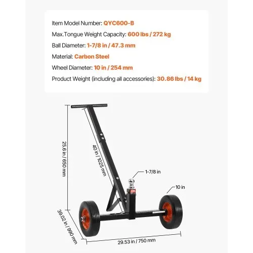 VEVOR Rangierhilfe Anhänger, Anhängerwagen, 272 kg Stützlast, 42 & 56cm einstellbare Höhe, 47,3mm Kupplungskugel, 254 mm Vollgummireifen, zum Bewegen von Wohnmobil-Bootsanhängern – Bild 6