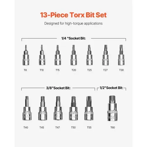 VEVOR Torx Bohrer Steckschlüsselsatz 13-tlg. Stern T8–T60, S2-Legierungsstahl & Cr-V-Stahl, 1/4 Zoll & 3/8 Zoll & 1/2 Zoll Antriebe, mit Aufbewahrungskoffer, Torx-Steckschlüssel für Autoreparatur – Bild 2