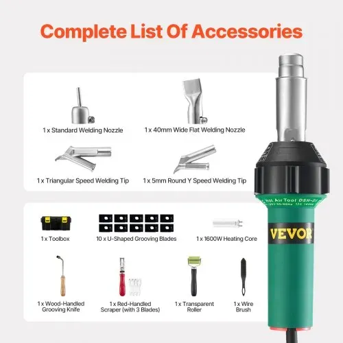 VEVOR Heißluft-Kunststoffschweißgerät, 1600 W Heißluftpistole, 50–600 °C PVC TPO Vinyl Schweißbrenner, Hot Air Welder Set mit 11 Zubehörteilen – Werkzeugkasten, Düse, Rolle, Klingen für PP/PE/PVC – Bild 5