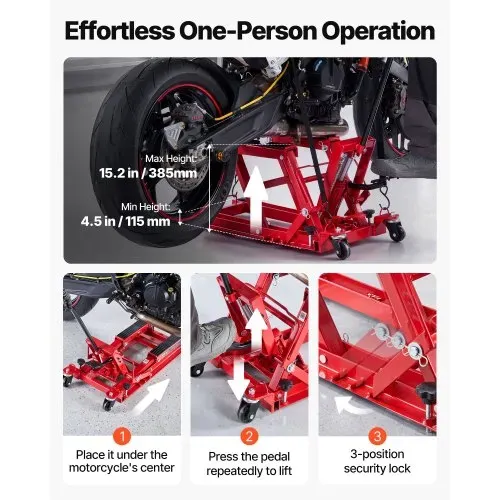 VEVOR Motorradhebebühne Hydraulisch bis 680 kg Motorradheber Höhenverstellbar 115–385 mm Hebeplattform mit 4 Rädern und Fußbedienung Hebeständer Ideal für ATVs Dirtbikes Straßenmotorräder Rot – Bild 2