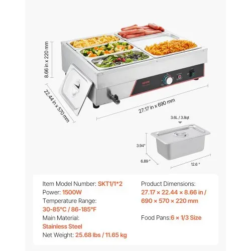 VEVOR kommerzieller Speisenwärmer mit 6 Behälter (1/3-Größe) & Netzkabel, 1500 W Buffetwärmer Edelstahl, Buffetbehälter Buffet-Wasserbad Speisenwärmstation für Restaurants Partys Buffets – Bild 6
