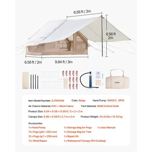VEVOR Aufblasbare Zelte für Camping 3x2x2 m, 3–5 Personen, 300D Oxford 4-Jahreszeiten-Glamping-Zelt mit Baldachin, Handpumpe, Ofenanschluss, 2 Türen & 2 Netzfenstern (Aufbewahrungstasche inkl.) – Bild 6
