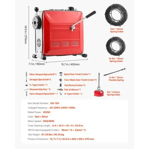 VEVOR Elektrische Rohrreinigungsmaschine, 850W Abflussreiniger, 14,5m x 16mm, 14m x 22mm & 5m x 9,5mm Federkabel, 0,4m x 12mm flexible Feder & 11 Schneidern, für Rohre mit 50–200mm Durchmesser – Bild 6