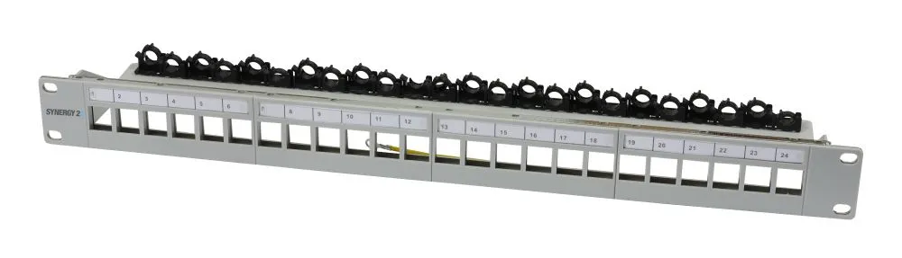 Keystone, Modulträger, 19″Patchpanel für 24xTP-Modul, 1HE(t 94mm), Lichtgrau, V4 mit Kabelklemme, Synergy 21, Keystone, Modulträger, 19″Patchpanel für 24xTP-Modul, 1HE(t 94mm), Lichtgrau, V4 mit Kabelklemme, Synergy 21,