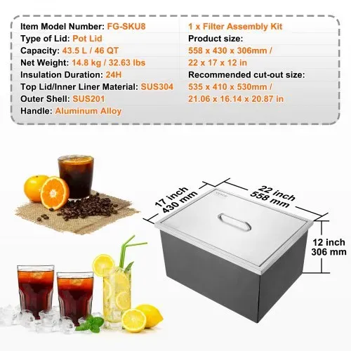 VEVOR Drop-in-Eisbox, 43,5 L Edelstahl-Eiskühler, 558 x 430 x 306 mm Kommerzieller Eisbehälter mit Abdeckung, Eingebaute Eisspeichertruhe, Abflussrohr und Ablassstopfen im Lieferumfang Enthalten – Bild 6