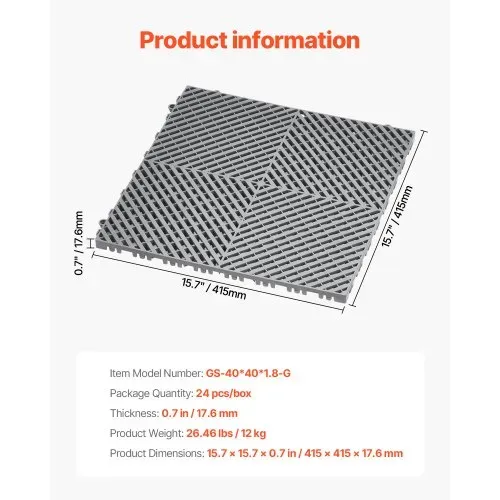 VEVOR ineinandergreifende Drainagematte, 15,7 x 15,7 Zoll, modulares ineinandergreifendes Kissen, 24-teiliges Spleiß-Drainagematten, rutschfeste graue PP-Drainage-Bodenfliesen und Duschmatte, für Garage, Garten, Küche und Außenbereich – Bild 6