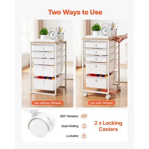 VEVOR Rollwagen mit 5 Schubladen Mobiler Rollcontainer 400x330x635mm Weiß, Metallgestell, Holztischplatte, Handgriffe, Lenkrolle mit 2 Bremsen, Aufbewahrungswagen für Büro Bastelzimmer Schlafzimmer – Bild 2