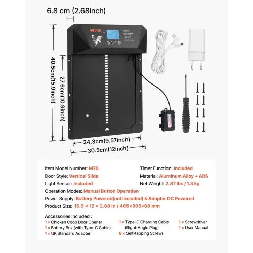 VEVOR Automatische Hühnerklappe, Hühnertür mit LCD-Display, Lichtsensor, Timer, manueller Einstellung, Einklemmschutz, Hühnerstalltür, Hühnerauslauf-Toröffner für Bauernhof, 405x305x68 mm – Bild 6