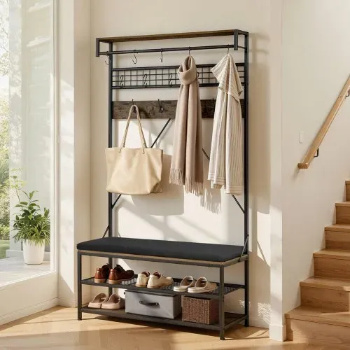 VEVOR Flurgarderobe 1015 x 400 x 1830 mm, Garderobenständer mit Schuhbank & Schuhablage (2 Ebenen), Freistehend Garderobe mit Metallgitter & Kleiderstange, Ideal für Eingangsbereich, Schlafzimmer – Bild 7