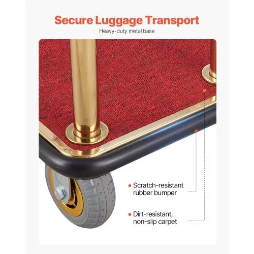 VEVOR Hotelgepäckwagen, 500 kg Tragkraft, Edelstahl-Pagenwagen mit gebogenen Pfosten, Parkservice-Wagen mit rotem Teppichboden & 15 cm Gummirädern, ideal für Hotels, Eigentumswohnungen, Resorts – Bild 4