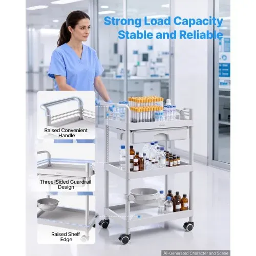 VEVOR Medizinwagen 50 kg Laborwagen Medizinischer Servicewagen 60x34x88 cm, Transportwagen für Klinik Krankenhaus Schönheitssalon Labor, Kosmetikwagen mit Ablageflächen, Schublade, Rollen, PP-Material – Bild 2