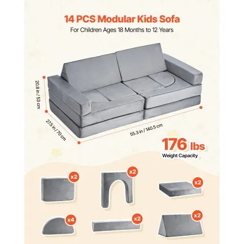 VEVOR modulare Spielcouch Anbausofa für Kleinkinder mit Armlehnen, 28D-Schwamm und Kurzflor, umwandelbare modulare Kindercouch zum Selbermachen, für Spielzimmer Schlafzimmer, 14-teilig, Grau – Bild 2