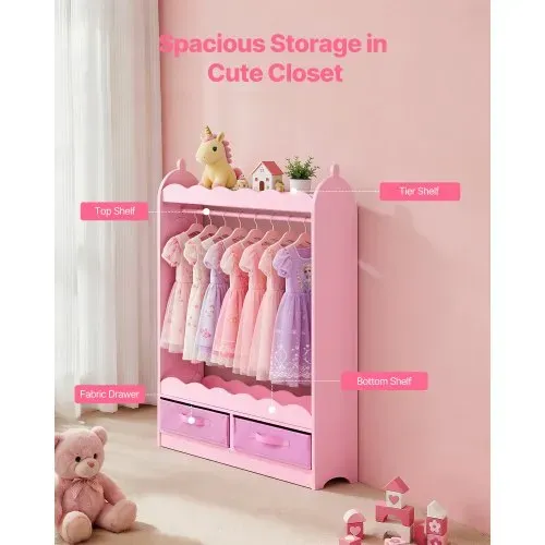 VEVOR Kinderkleiderschrank 604x339x1080mm, Kindergarderobe mit Spiegel Kleiderstange Ablagen, Verkleidungsschrank aus MDF mit Stoffschubladen für Mädchen, Kinderschrank für Kostüme Schlafzimmer, Rosa – Bild 2