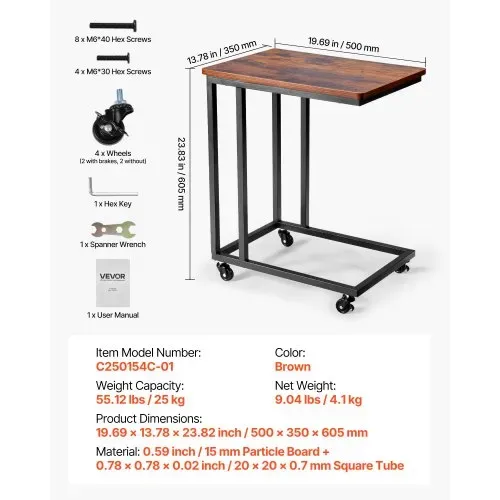 VEVOR Beistelltisch Kaffeetisch mit Metallrahmen rollbar, C-förmiger Couchtisch für Wohnzimmer Schlafzimmer Büro 500 x 350 x 605 mm TV-Tablett, Wohzimmertisch Sofatisch Braun und Schwarz – Bild 6