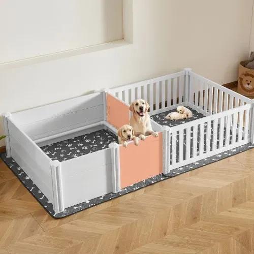 VEVOR Wurfkiste für Hunde, 237x123x46 cm, Welpenlaufstall aus Kunststoff-PVC mit höhenverstellbarer Tür & waschbarer Pipi-Unterlage, 2-Raum-Layout, Welpenkiste für extra große Hunde, Milchweiß – Bild 7