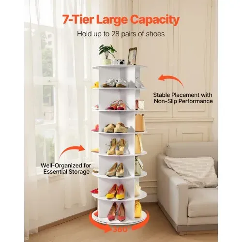 VEVOR Schuhregal Schuhschrank für 28 Paar Schuhe (7-stöckig) 360° drehbar, platzsparende Schuhaufbewahrung, Schuhablage für Schlafzimmer Wohnzimmer Eingangsbereich, Weiß 598 x 598 x 1620 mm – Bild 3