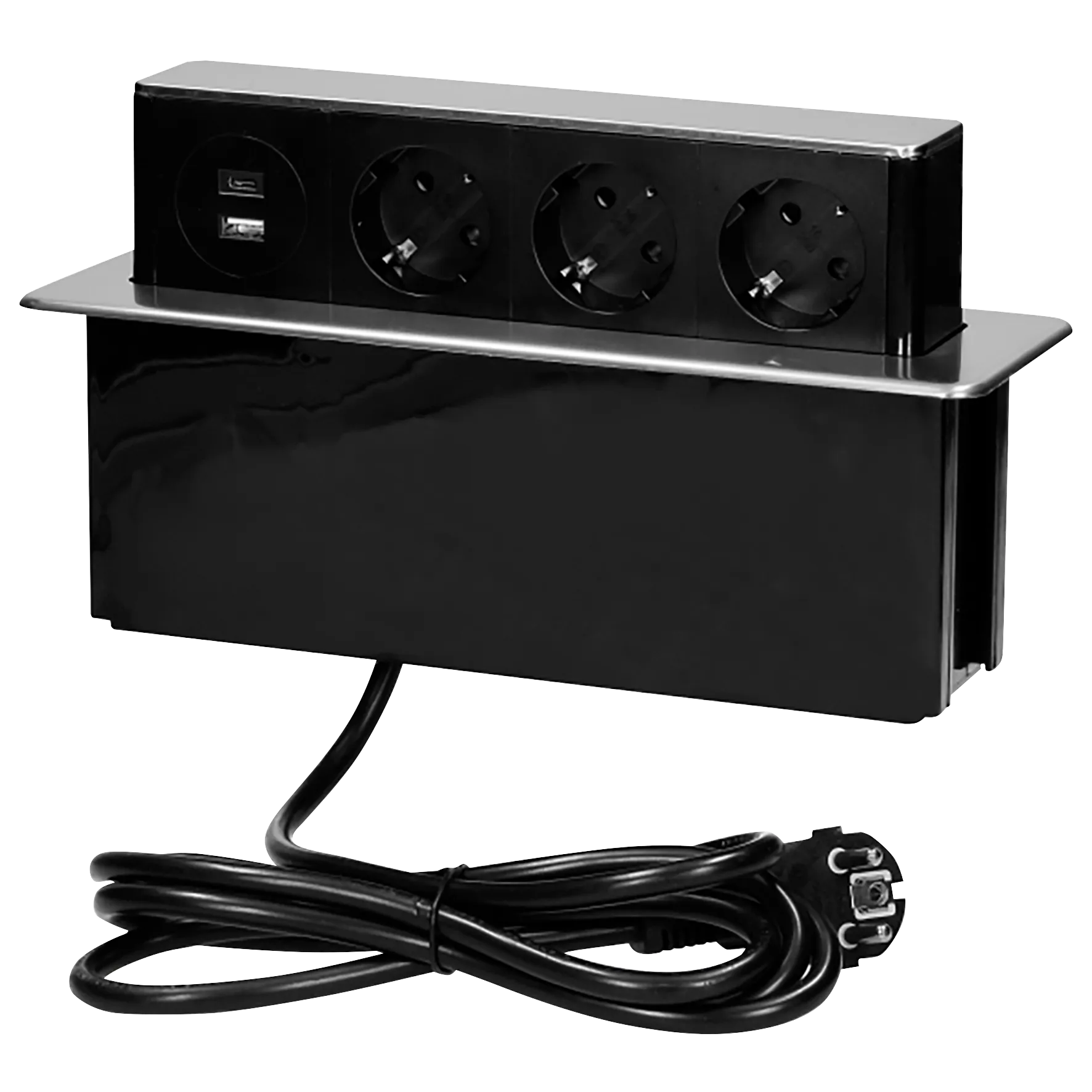 Versenkbare Tischsteckdose, 3x Schuko, 2xUSB (Typ A+C), inkl. 2m Kabel Versenkbare Tischsteckdose, 3x Schuko, 2xUSB (Typ A+C), inkl. 2m Kabel