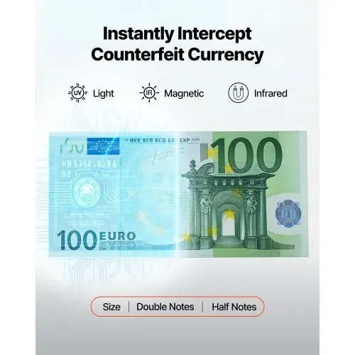 VEVOR Geldzählmaschine, 1200 Banknoten pro Minute, Banknotenzählmaschine mit Wertzählung, UV/MG/IR/DD/DBL/HLF/CHN-Fälschungserkennung, TFT-Display, für Gemischte Stückelungen von Dollar & Euro – Bild 2