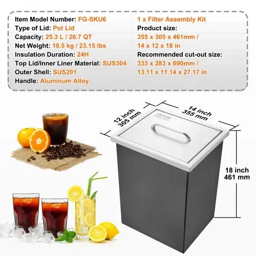 VEVOR Drop-in-Eisbox, 25,3 L Edelstahl-Eiskühler, 355 x 305 x 461 mm Kommerzieller Eisbehälter mit Abdeckung, Eingebaute Eisspeichertruhe, Abflussrohr und Ablassstopfen im Lieferumfang Enthalten – Bild 6