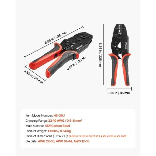 VEVOR Crimpzange Ratschenfunktion 0,5-6 mm², Kabelschuhzange mit Klaren Metrischen & AWG-Markierungen, Schnellverschluss, Presszange Einstellbarer Anpressdruck für Mehrere Anschlüsse – Bild 6