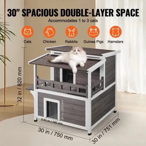 VEVOR Katzenhaus für draußen, wetterfest, Unterschlupf für Wildkatzen für mehrere Katzen, großes 2-stöckiges Katzenhaus aus Holz für draußen mit Balkon, Türen, PVC-Türklappen und offenem Dach, 76,2 cm L x 76,2 cm B x 81,3 cm H – Bild 5