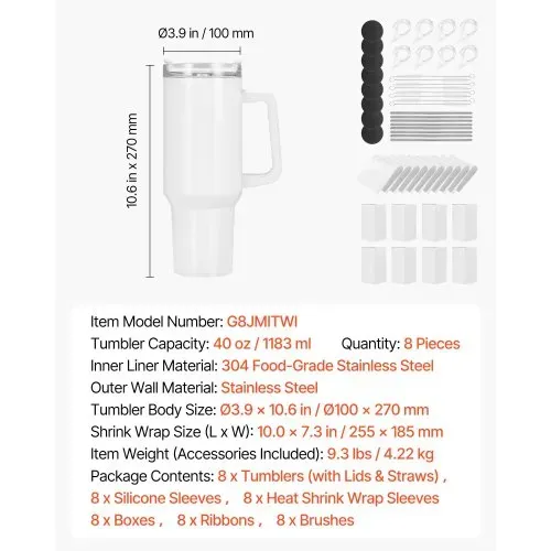 VEVOR Sublimationsbecher 8 Stk. (1183 mL), Sublimationstumblers aus Edelstahl mit Deckeln & Strohhalm & Griff, Doppelwandige Isolierte Sublimationsrohlinge für Individuelle DIY-Gestaltung Geschenke – Bild 6