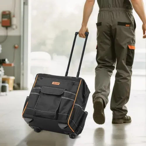 VEVOR Werkzeugtasche mit Rollen, 50 kg Tragkraft, 25 Taschen, Arbeitsrucksack, verstellbarer Teleskopgriff & stabiler Standfuß, Werkzeugtaschen-Organizer für Bau, Mechanik, 390x290x420 mm – Bild 7