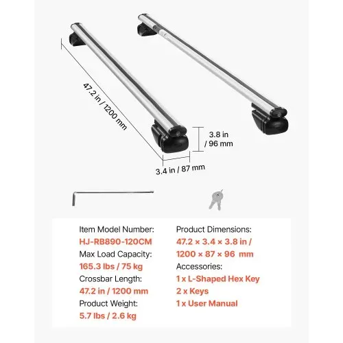 VEVOR 2 x Dachgepäckträger Dachquerträger mit 75 kg Tragkraft, Passend für Erhöhte Dachreling, 210–1060 mm Relingabstand, Abschließbare Querträger für Gepäck Kanus Transportkörbe, Dachträger – Bild 6