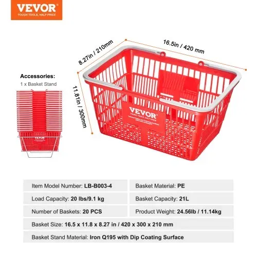 VEVOR Einkaufskorb, 20er-Set, 21 l robuster Einkaufskorb aus Kunststoff mit Griff und Ständer, 16,5 x 11,8 x 8,27 Zoll, tragbarer Einkaufskorb in Großpackung für den Lebensmitteleinkauf – Bild 6