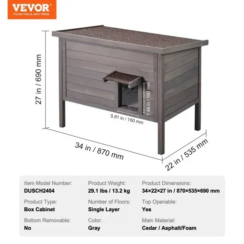 VEVOR Katzenhaus für draußen, wetterfest, Unterschlupf für Wildkatzen für mehrere Katzen, Katzen-/Kaninchenhaus aus Holz für draußen, rundum schaumisoliert, offenes Dach, Türklappen aus PVC, 86,4 cm L x 56,4 cm B x 68,6 cm H – Bild 6