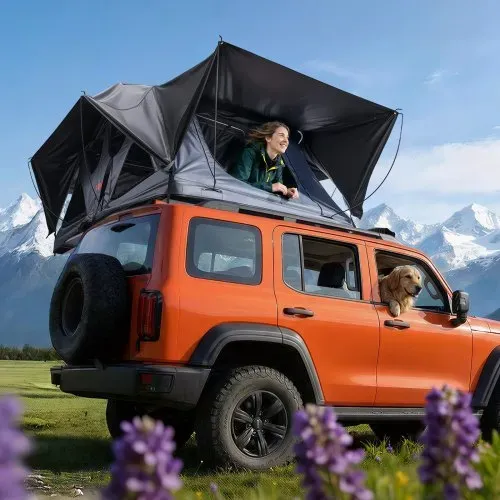 VEVOR Autodachzelt Hartschalen für 2-3 Personen, Faltbares Campingzelt aus Aluminium mit Dreifarbiger LED-Beleuchtung & Dicker Matratze & 10 Fenstern, Wasserfest & Windicht, für Jeep SUV Pickup – Bild 7
