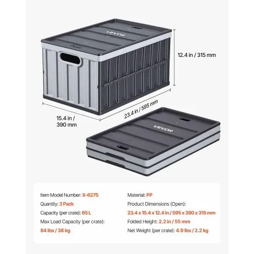 VEVOR Klappboxen 65 L 3er-Pack, Faltbare Aufbewahrungsboxen aus Kunststoff, Stapelbare Klappkörbe mit Deckel, Tragkraft 38 kg pro Box, Klappkisten, Ideal für Haushaltsorganisation, Grau & Schwarz – Bild 6