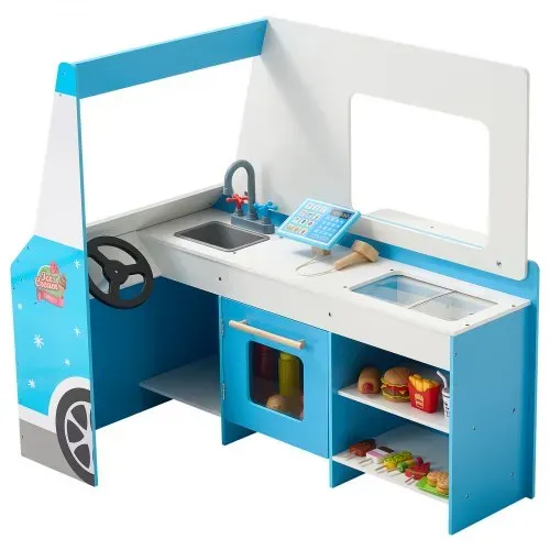 VEVOR Eiswagen für Kinder, über 20 Zubehörteile, Eisdiele aus Holz mit Lenkrad und Tafel, Zahlungsscanner und Gefrierschrank, Wasserhahn und Spüle, geeignet für Kinder von 3–7 Jahren, blau – Bild 9