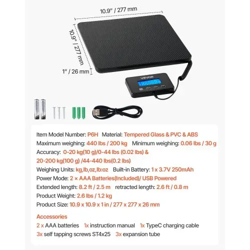 VEVOR Digitale Paketwaage, 10/100g, doppelte Genauigkeit, 200 kg Plattformwaage mit Hold-/Tara-Funktion & LCD-Display, für Pakete, Porto, Gepäck, Batterie & Ladekabel im Lieferumfang enthalten – Bild 6
