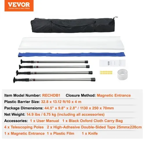 VEVOR Staubschutztür Staubschutzwand 230 x 120 cm, Bautür Staubschutztür Magnetverschluss Zuverlässigste Staubschutz, Baustellentür für Renovierungen & Umbauten, Verstellbarer Ständer 0,9-3 m – Bild 6