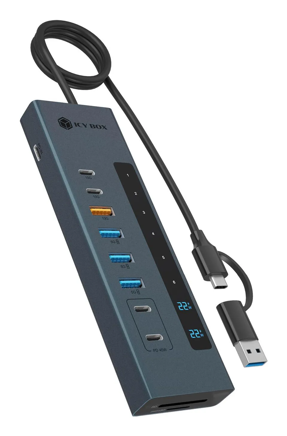 ICY BOX IB-HUB1742CR-C2PD, 11-in-1 HUB mit PD Ports und Cardreader, USB 3.2 Gen 2 10 Gbit/s ICY BOX IB-HUB1742CR-C2PD, 11-in-1 HUB mit PD Ports und Cardreader, USB 3.2 Gen 2 10 Gbit/s