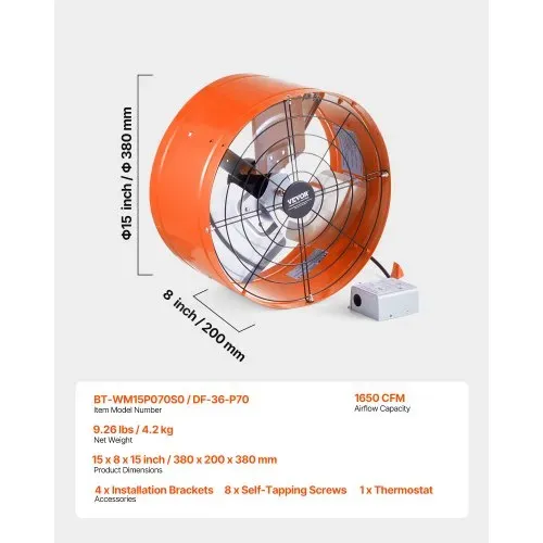 VEVOR Abluftventilator Dachboden, 380 x 200 mm, Luftabluftventilator mit einstellbarem Thermostat, Außengitter, 1650 CFM Luftstromkapazität, für Giebel, Dach, Garage, Werkstatt, Zuhause – Bild 6