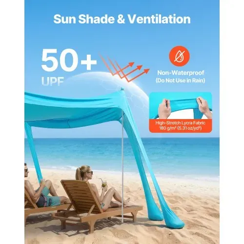 VEVOR Strandzelt mit Sonnenschutz (UPF 50+) 3 x 3 x 2 m, Strandmuschel mit Sandsäcken & Stützstangen & Sandschaufeln, Tragbares Sonnensegel für Familienausflüge Camping Angel Grün – Bild 2