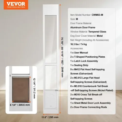 VEVOR Hundetür für Glasschiebetüren 1927-2049 mm höhenverstellbare Hundetür Schiebetüren, Haustiertür aus gehärtetem Glas mit Aluminiumrahmen & Scharnierstruktur, Klappe und Schloss für kleine Hunde – Bild 6
