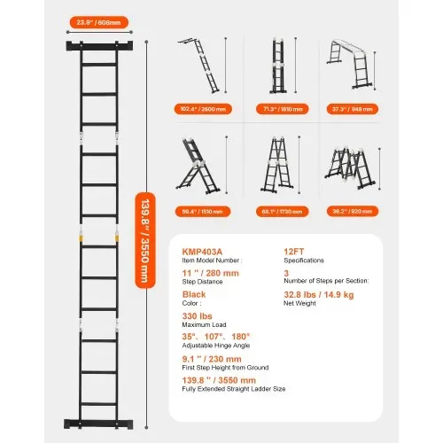 VEVOR Mehrzweckleiter, 7-in-1-Multifunktionsleiter, A-Rahmen mit 3 Stufen und Gerüstbrett, Teleskopleiter, Leitergerüst 3550 mm, robuste Leiter, 150 kg Tragkraft, für den Außenbereich zu Hause – Bild 6