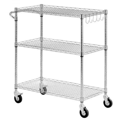 VEVOR Küchenwagen mit 3 Ebenen, Schwerlast-Servierwagen bis 300 kg, Rollwagen mit Höhenverstellbaren Drahtablagen und Griff, Metallregal auf Rollen für Küche, Garage & Waschküche, 890 x 453 x 1040 mm – Bild 9