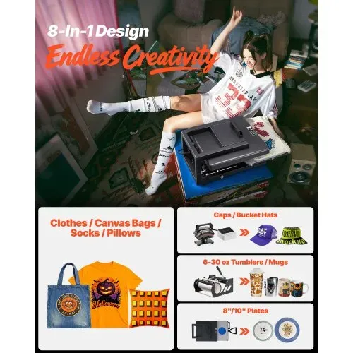 VEVOR Transferpresse 38 x 38 cm 8 in 1 Multifunktion, schnelles & gleichmäßiges Aufheizen, Heißpressmaschine Sublimationspresse Hitzepresse für T-Shirts/Tassen/Becher/Kappen/Teller, schwarz VEVOR Transferpresse 38 x 38 cm 8 in 1 Multifunktion, schnelles & gleichmäßiges Aufheizen, Heißpressmaschine Sublimationspresse Hitzepresse für T-Shirts/Tassen/Becher/Kappen/Teller, schwarz