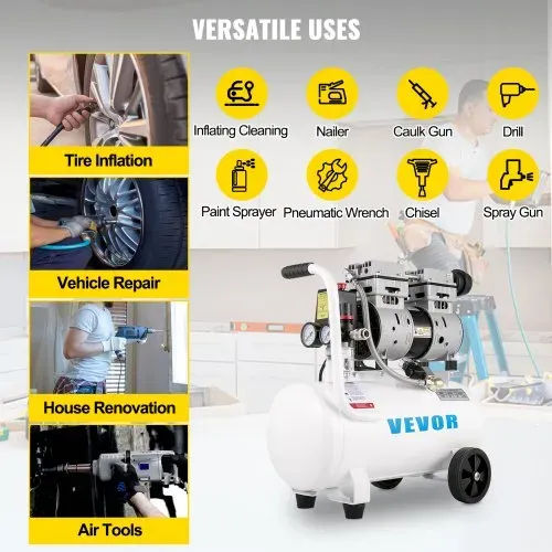 VEVOR Flüsterkompressor 25 L, Leise Ölfrei Kompressor 750 W, Ölfrei Luftkompressor 60 dB, Druckluftkompressor, Silent Druckluft Kessel 165 L / min Abgasvolumen, mit Eingebautem Abluftventilator – Bild 5